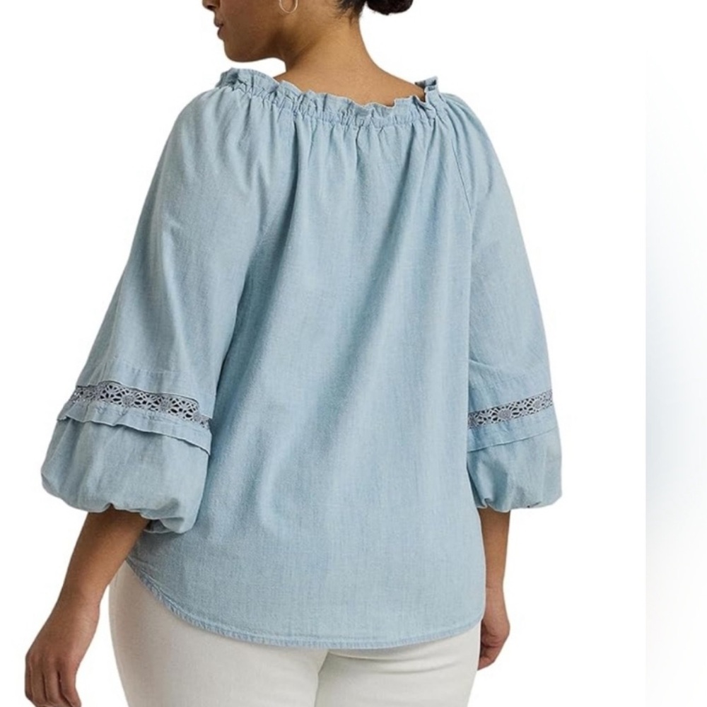 Lauren Ralph Lauren Black Label Chambray Lace Trim Boho Blouse Size 2X Plus Size - Picture 2 of 8